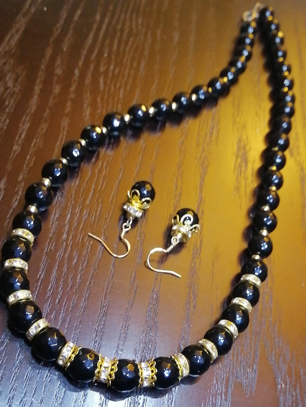 Black Jade Necklace and Earring Silver 925 Hooks Bundle with Gold Tone Accents